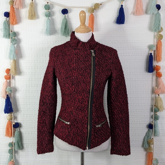 MAISON SCOTCH Burgundy Piled Full Zip Biker Style Jacket - Picture 1 of 9